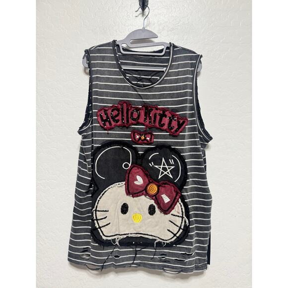 Hello Kitty Korean Mineral Wash Embroidery Sequence Sleevless Long Stripe Shirt - Picture 1 of 3